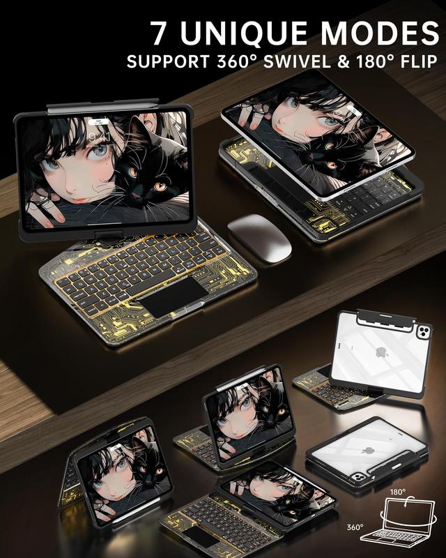 NAIDUN 360°Rotatable Keyboard Case for iPad 10.9-13inch, Clear Hard PC Back,7 Color Backlight Keyboard