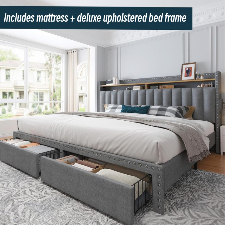 RaybeeFurniture Bed frame for Queen Bed Frame with Headboard&Storage