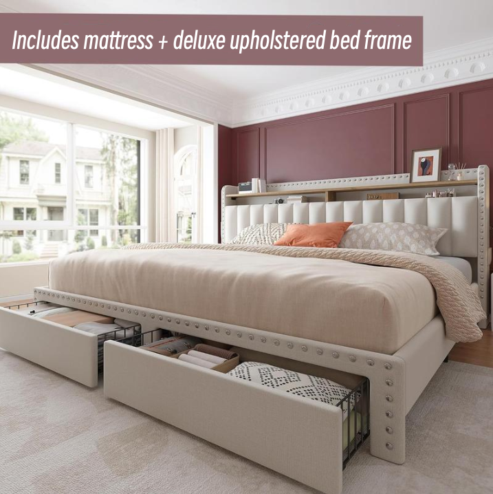 RaybeeFurniture Bed frame for Queen Bed Frame with Headboard&Storage