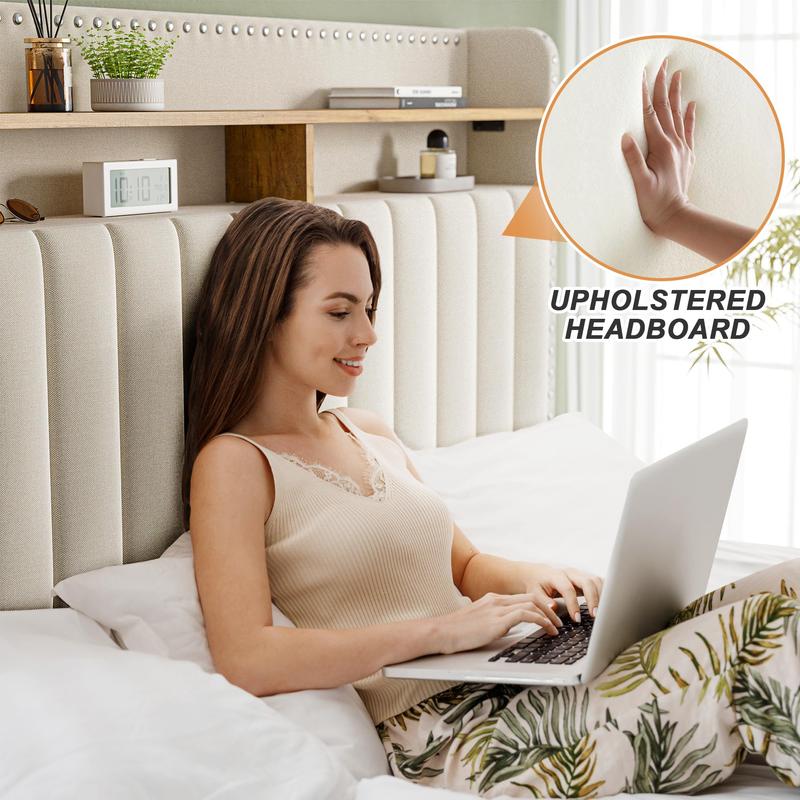 RaybeeFurniture Bed frame for Queen Bed Frame with Headboard&Storage