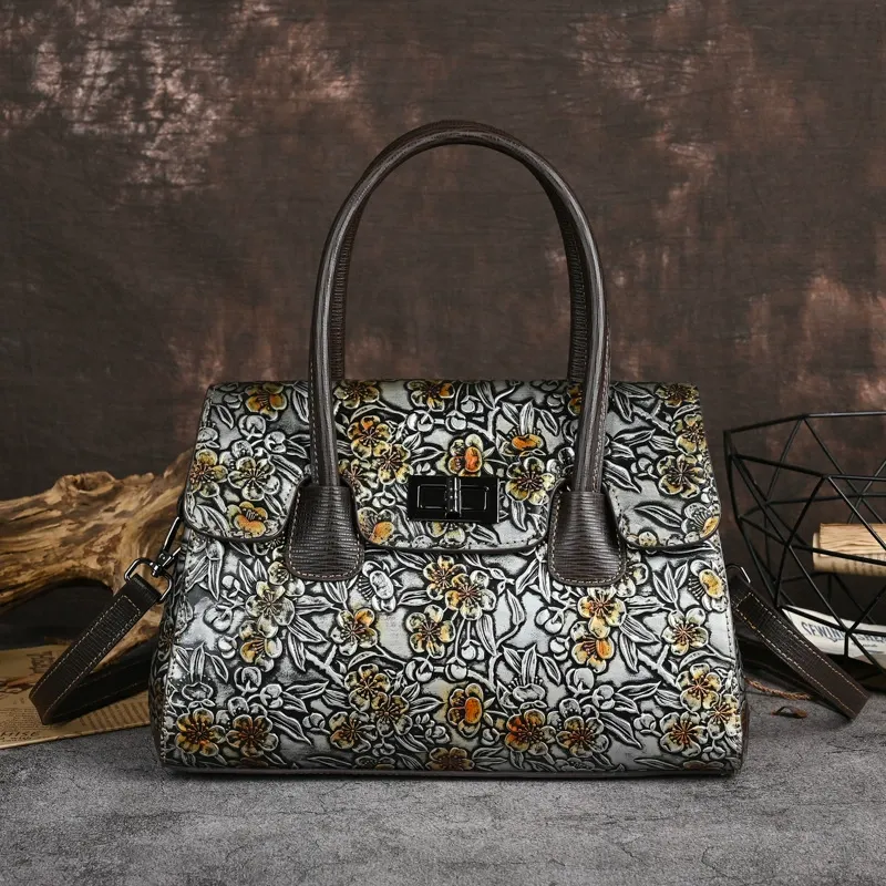 Elegant Embossed Flower Leather Shoulder Bag