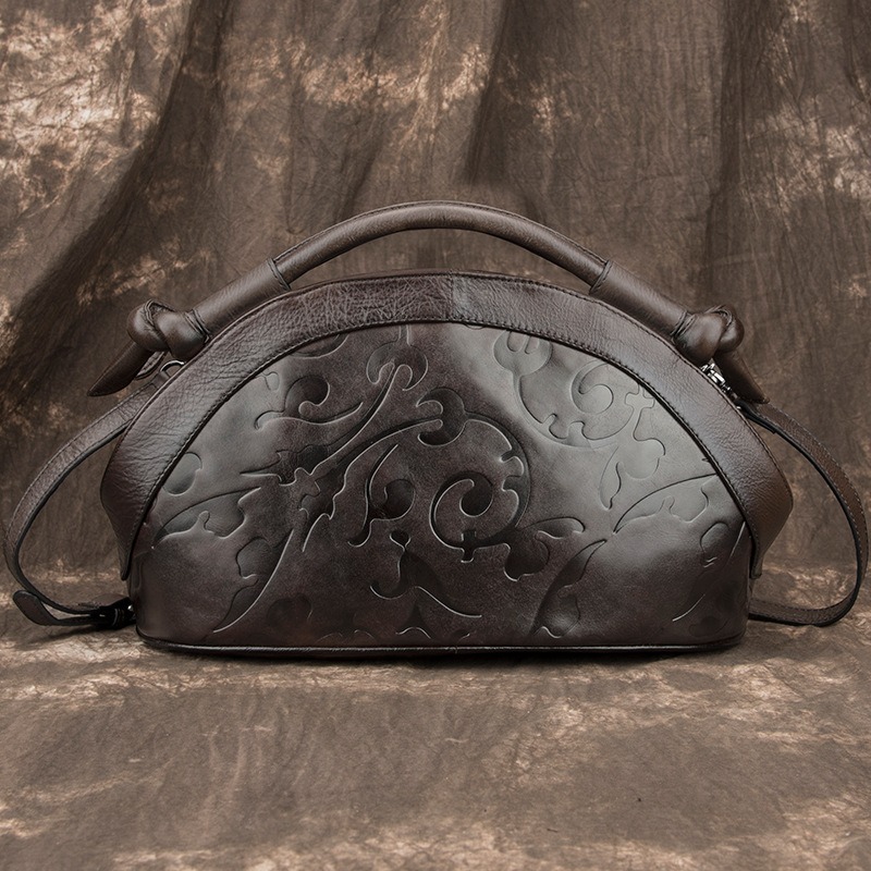 Classic Embossed Leather Dome-Shape Handbag