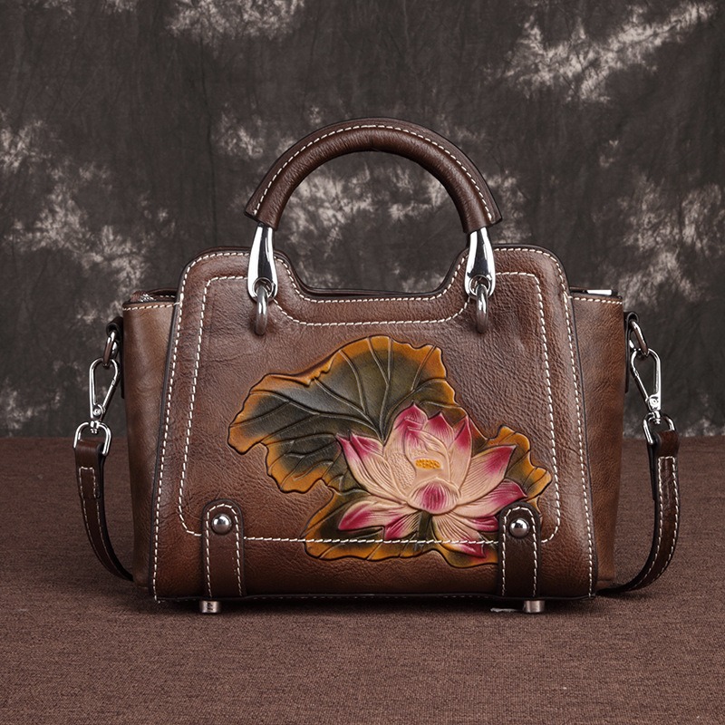 Vintage Hand-Carved Lotus Leather Handbag