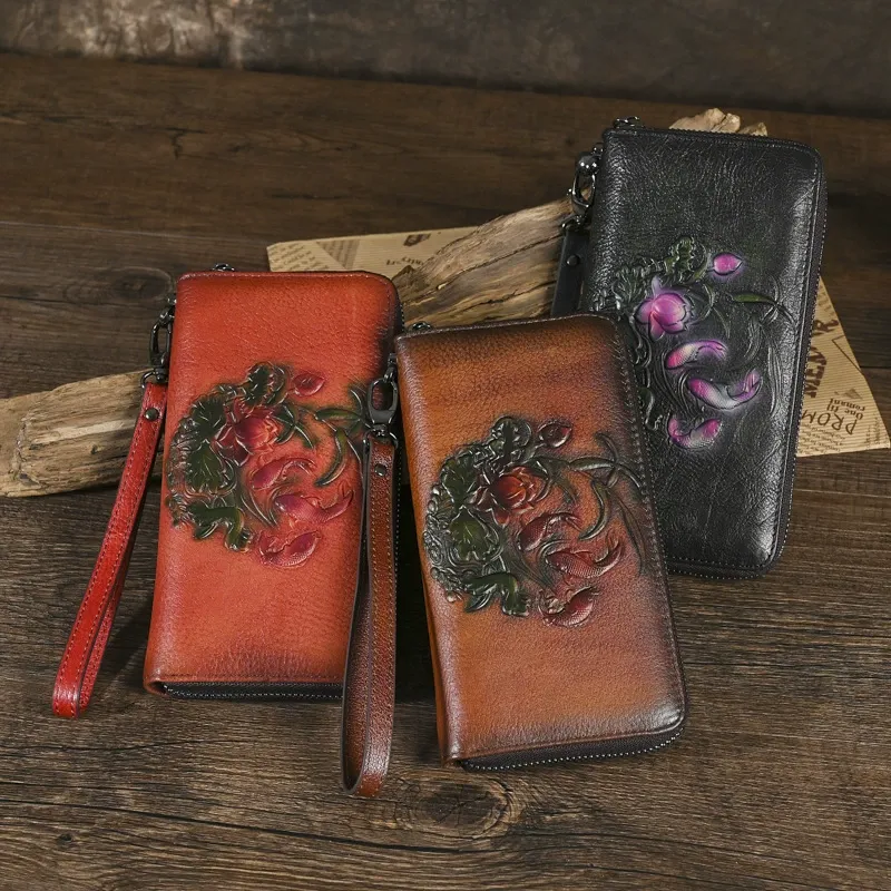 Artisan Embossed Flower Leather Long Wallet