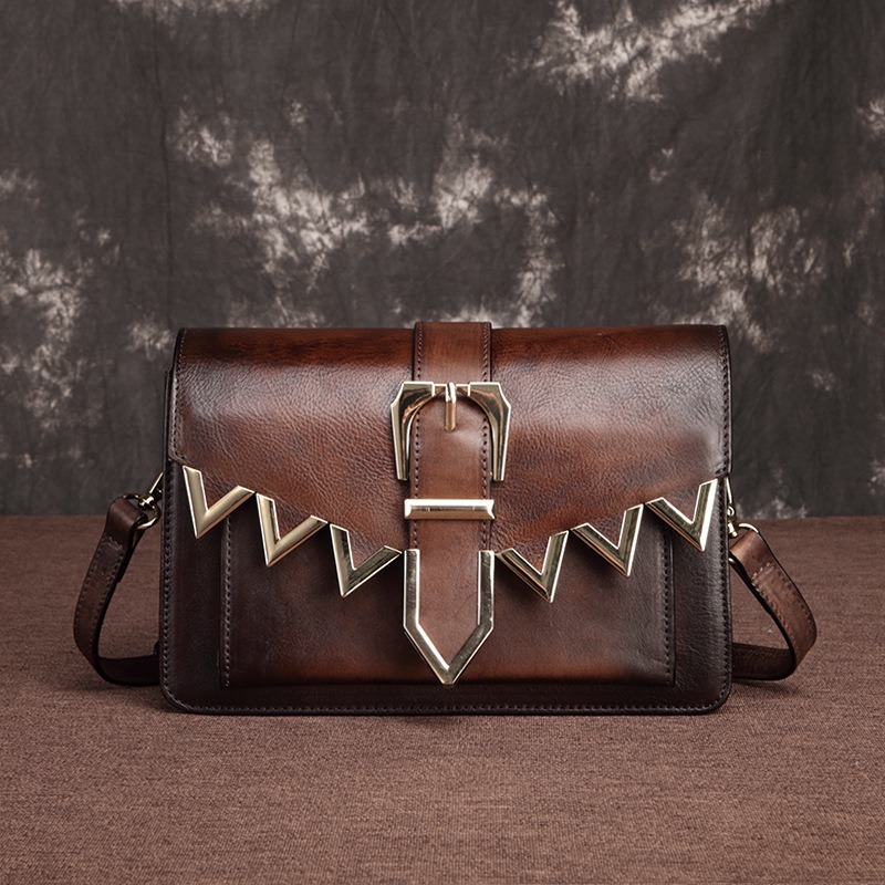 Retro Brown Leather Shoulder Bag with Metal Zigzag Detail