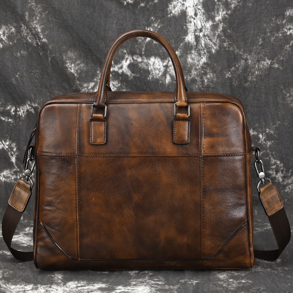 Retro Brown Leather Office Briefcase with Shoulder Strap