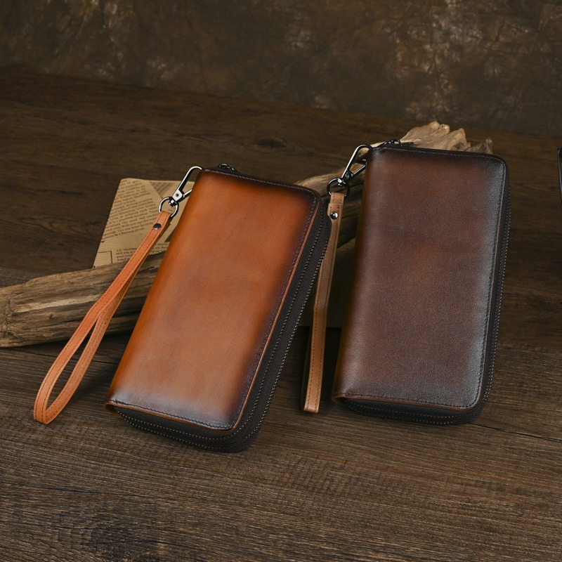 Handmade Vintage Leather Long Wallet with Wrist Strap