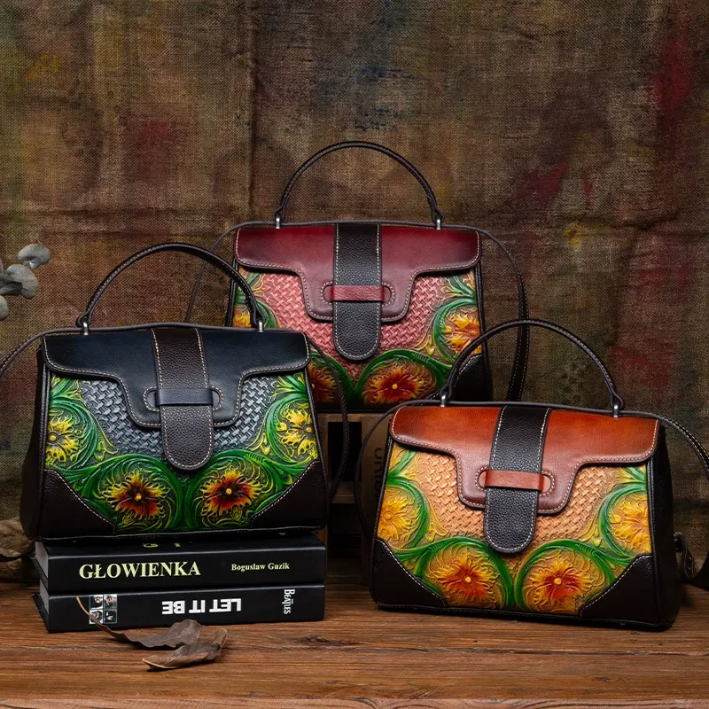 Retro Carved Pattern Leather Top-Handle Purse