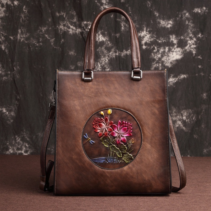 Hand-Carved Lotus Leather Tote Bag