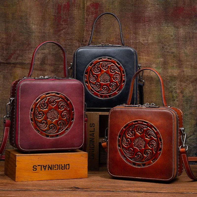 Artisan Leather Carved Round-Pattern Handbag