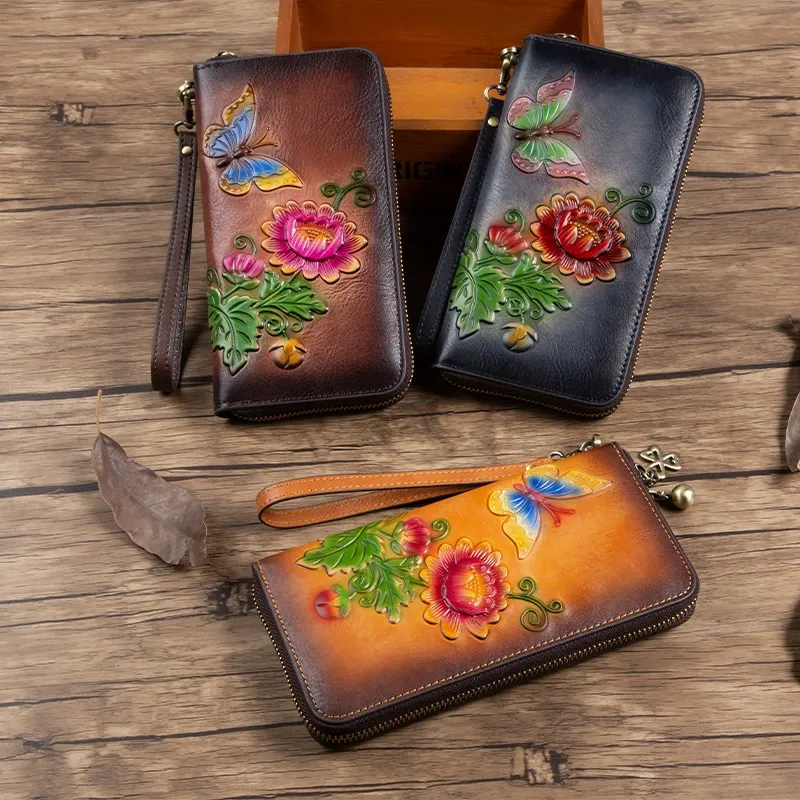 Artisan Floral Embossed Long Leather Wallet