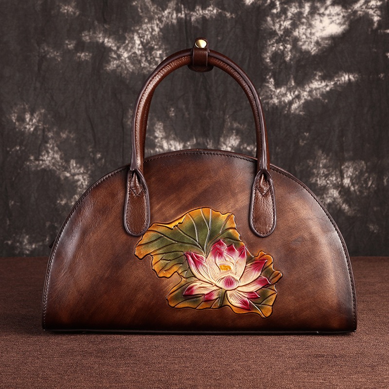Retro Half-Moon Tote with 3D Lotus Embossing