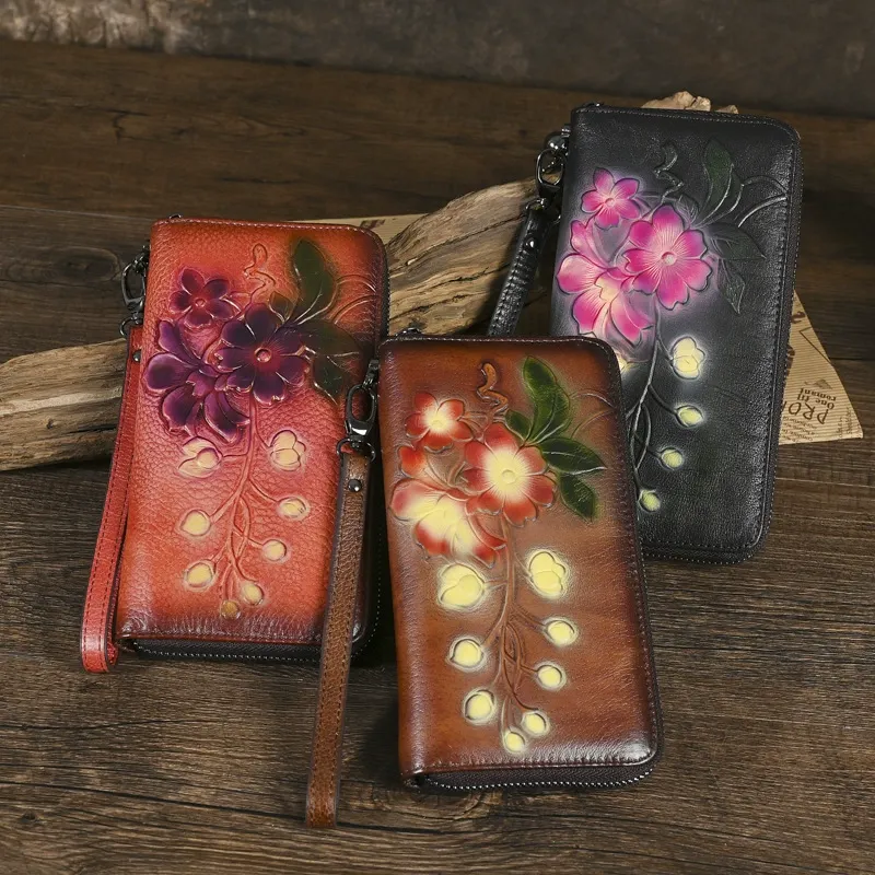 Women's Genuine Leather Floral Zip Wallet