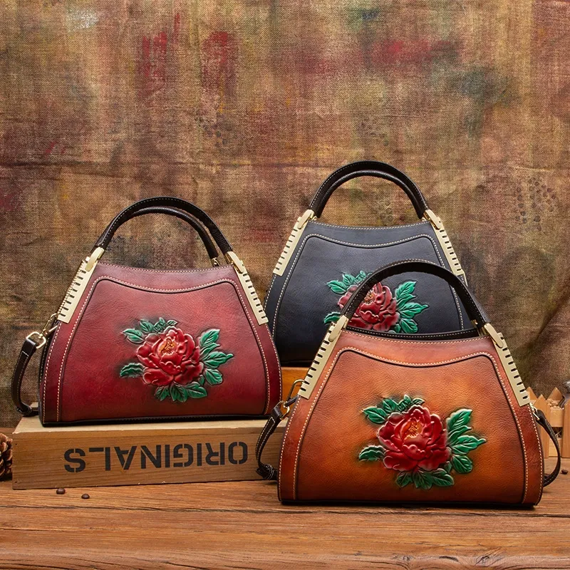 Retro Peony Embossed Leather Satchel