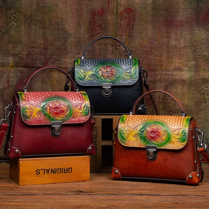 Artisan Relief-Carved Leather Top-Handle Bag