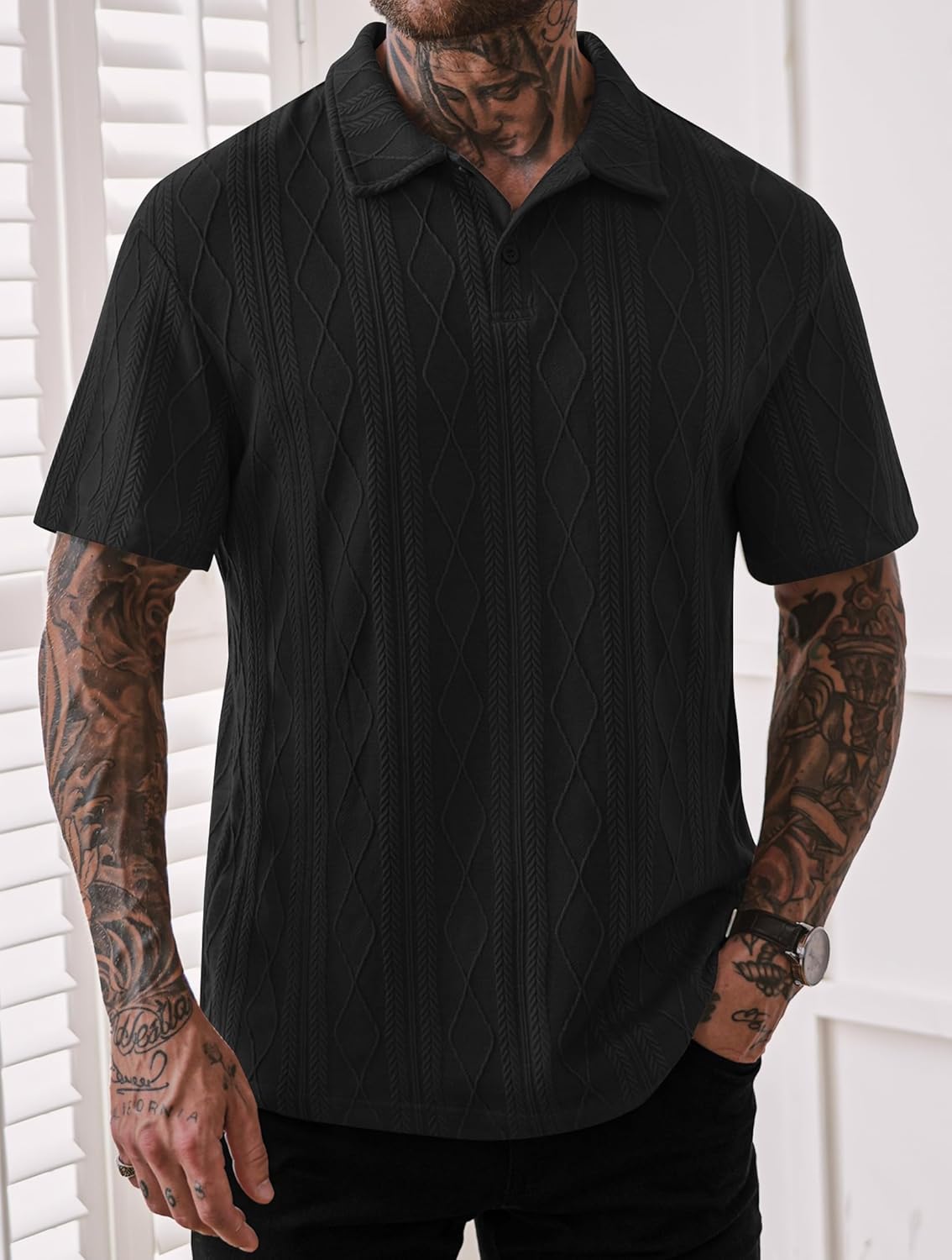 Mens Textured Knit Polo Shirts Loose Fit Stretch Casual Summer Collared Shirt (S-XXL)