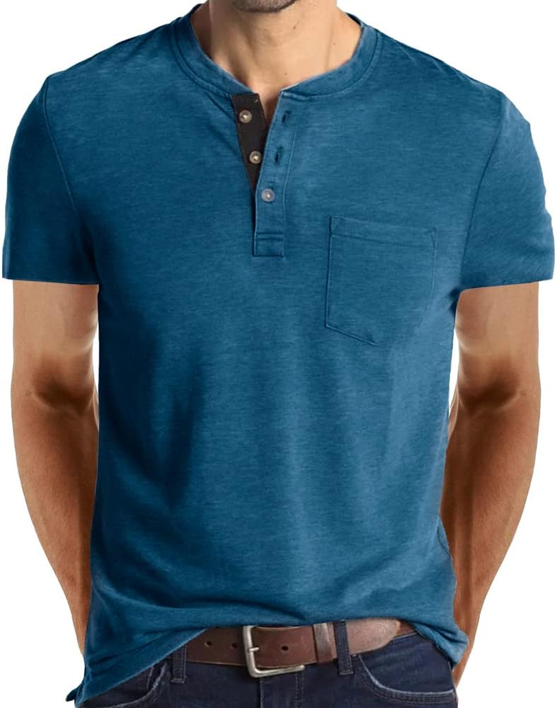 Mens Casual Short Sleeve Henley Shirts Fashion Button T Shirts with Pocket