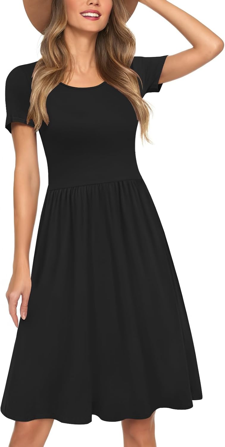 Womens Short Sleeve Empire Waist Dresses Casual Summer Dress with Pockets