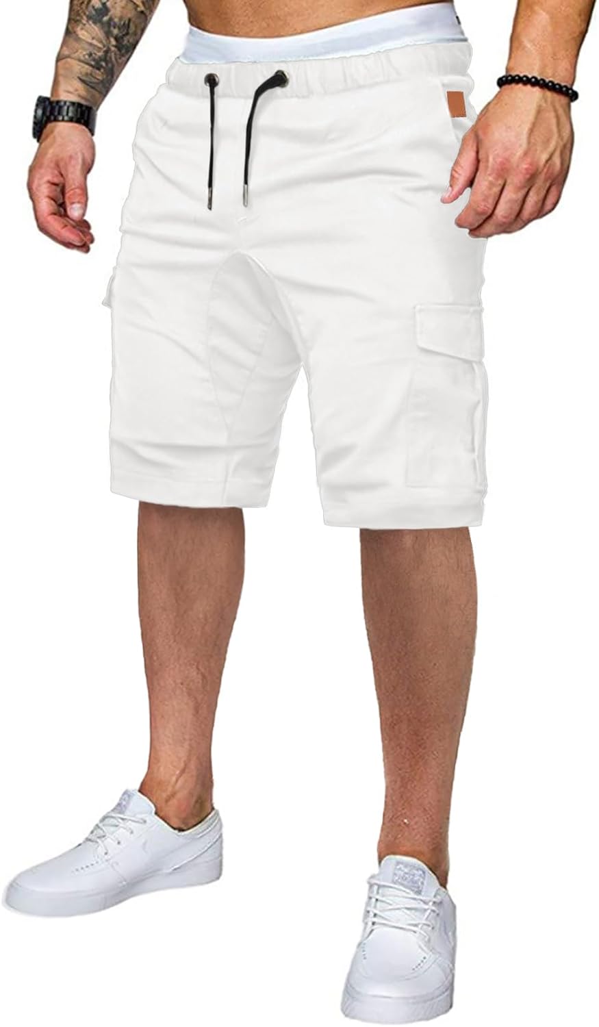 Mens Casual Cargo Shorts - Cotton Drawstring Stretch Summer Beach Shorts Twill Chino Short with 6 Pockets