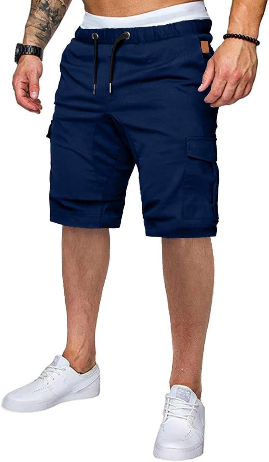 Mens Casual Cargo Shorts - Cotton Drawstring Stretch Summer Beach Shorts Twill Chino Short with 6 Pockets