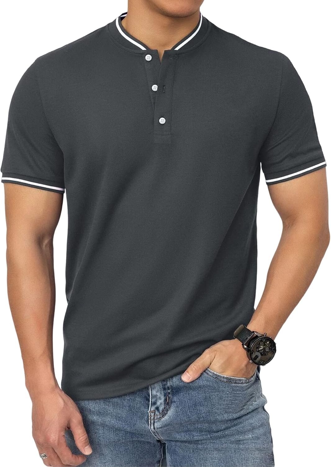 Men's Polo Shirts Casual Short Sleeve Cotton Pique Polo T Shirts Classic Collarless Golf Shirts for Men