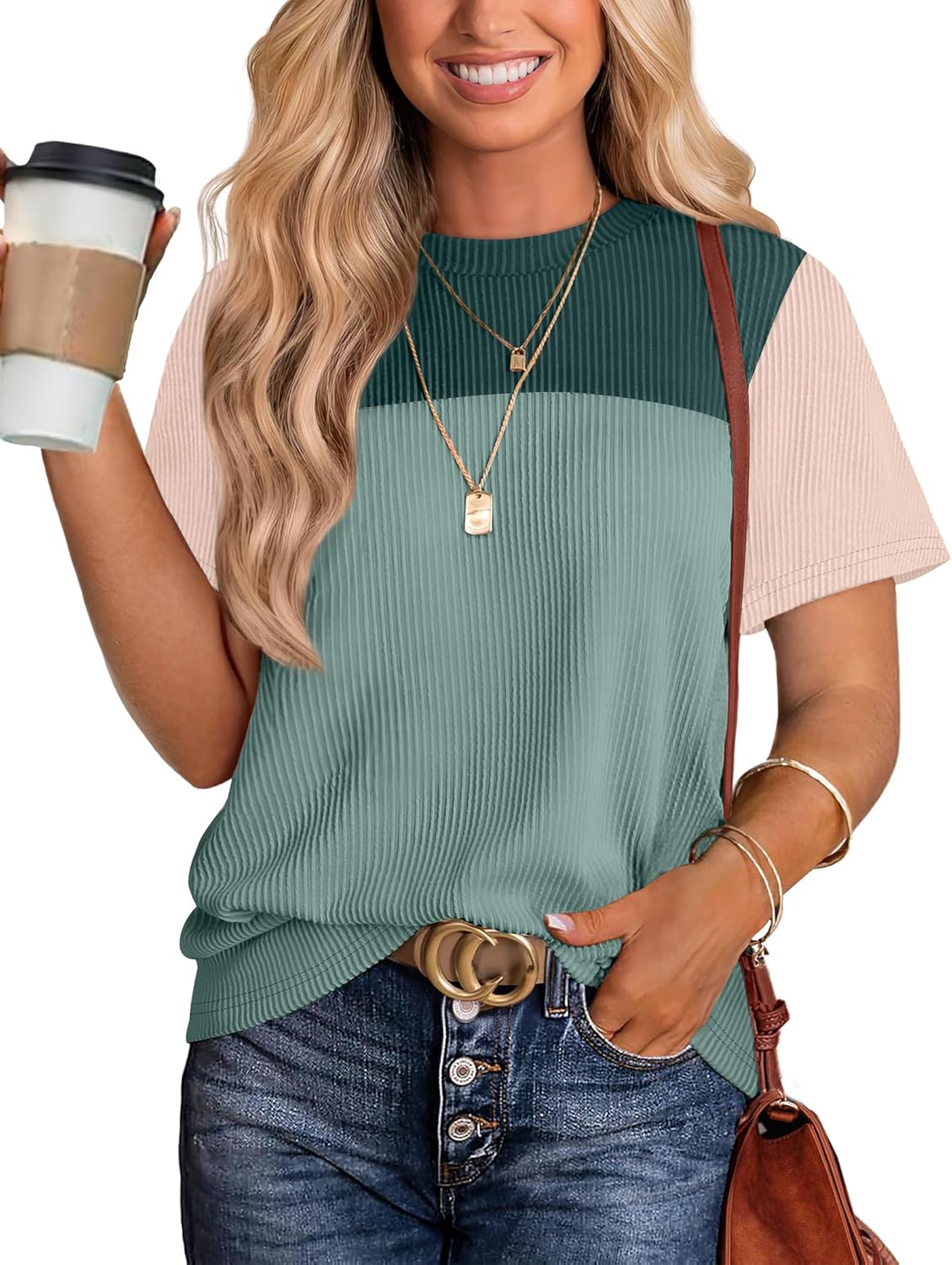 Womens Fashion 2025 Color Block Shirts Short Sleeve Crewneck Knitted Spring Summer Tops Casual Trendy