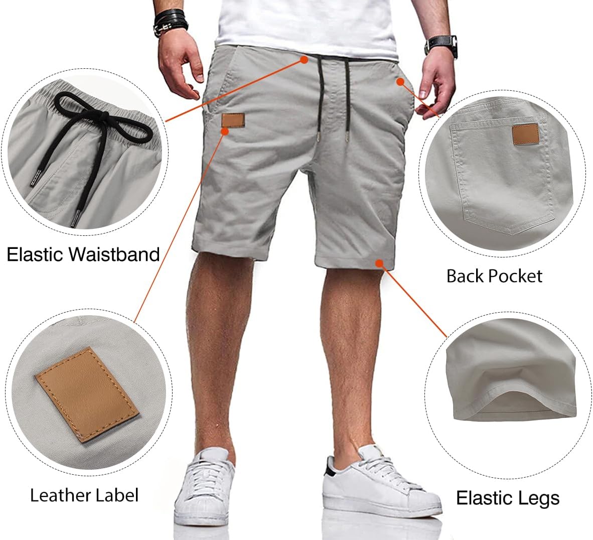 Mens Casual Shorts - Cotton Drawstring Summer Beach Stretch Twill Chino Golf Shorts