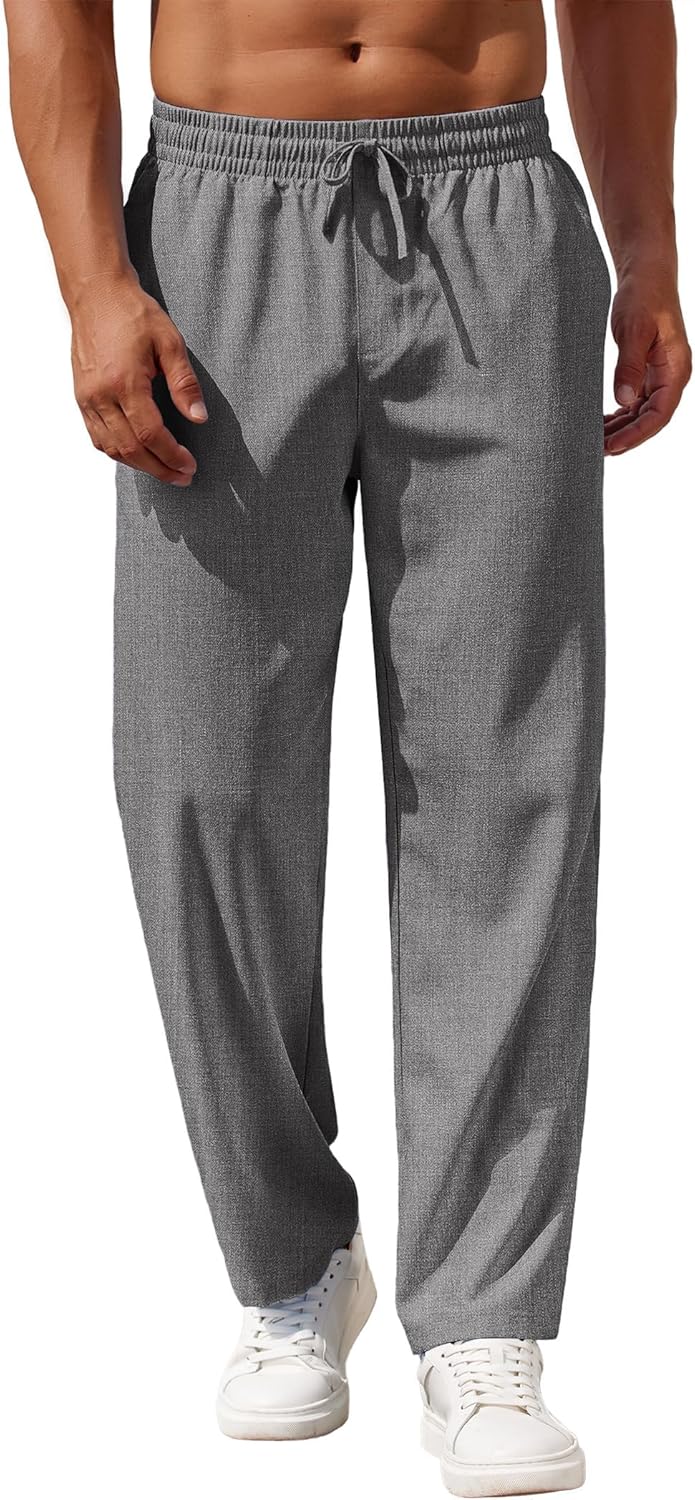 Mens Casual Pants Drawstring Elastic Waist Pants Linen Summer Beach Pants