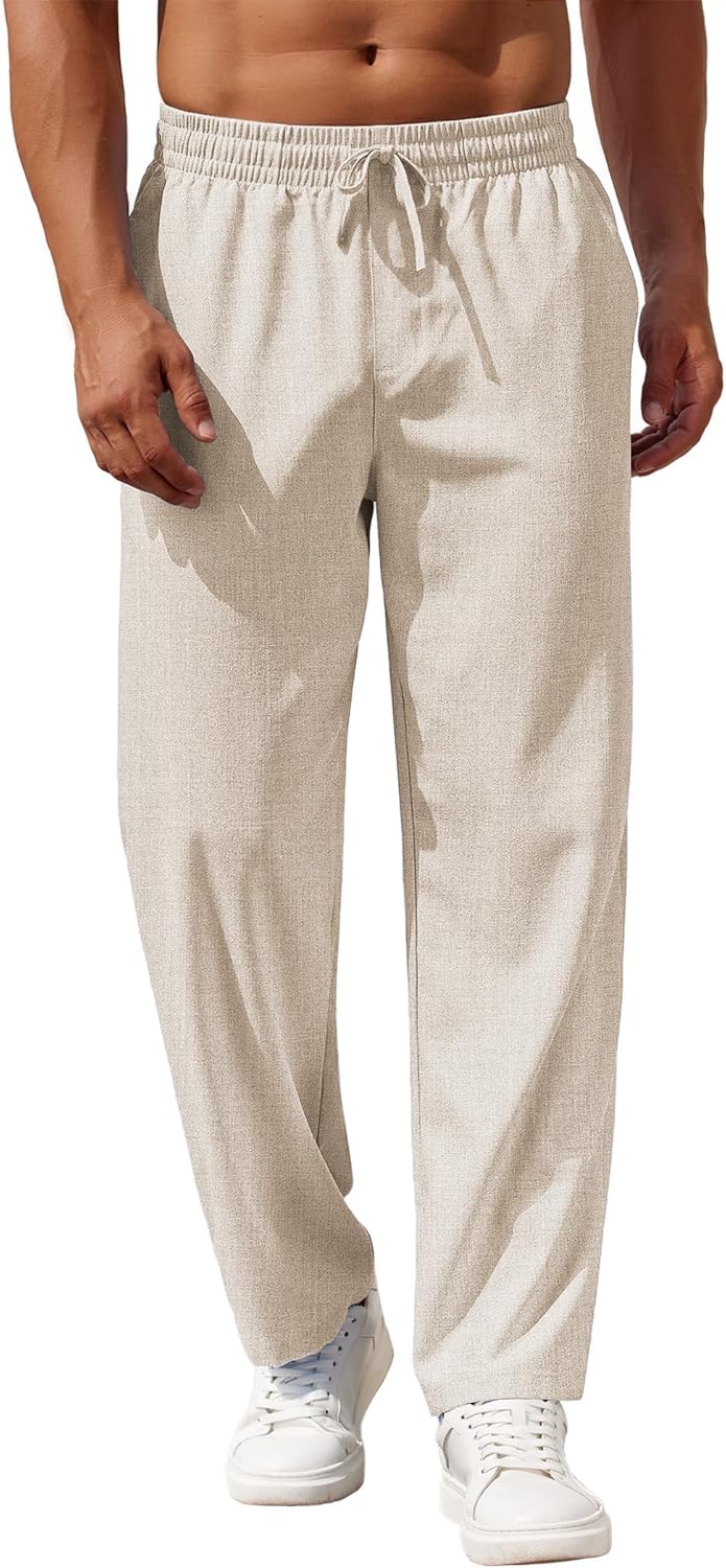 Mens Casual Pants Drawstring Elastic Waist Pants Linen Summer Beach Pants