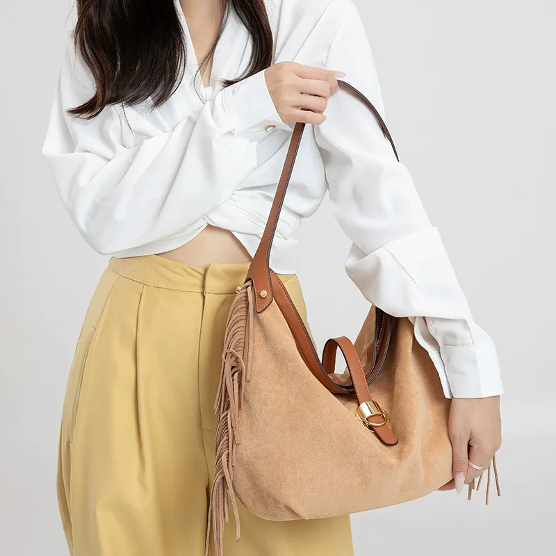 Kalidorexis Suede Fringe Hobo Shoulder Bag