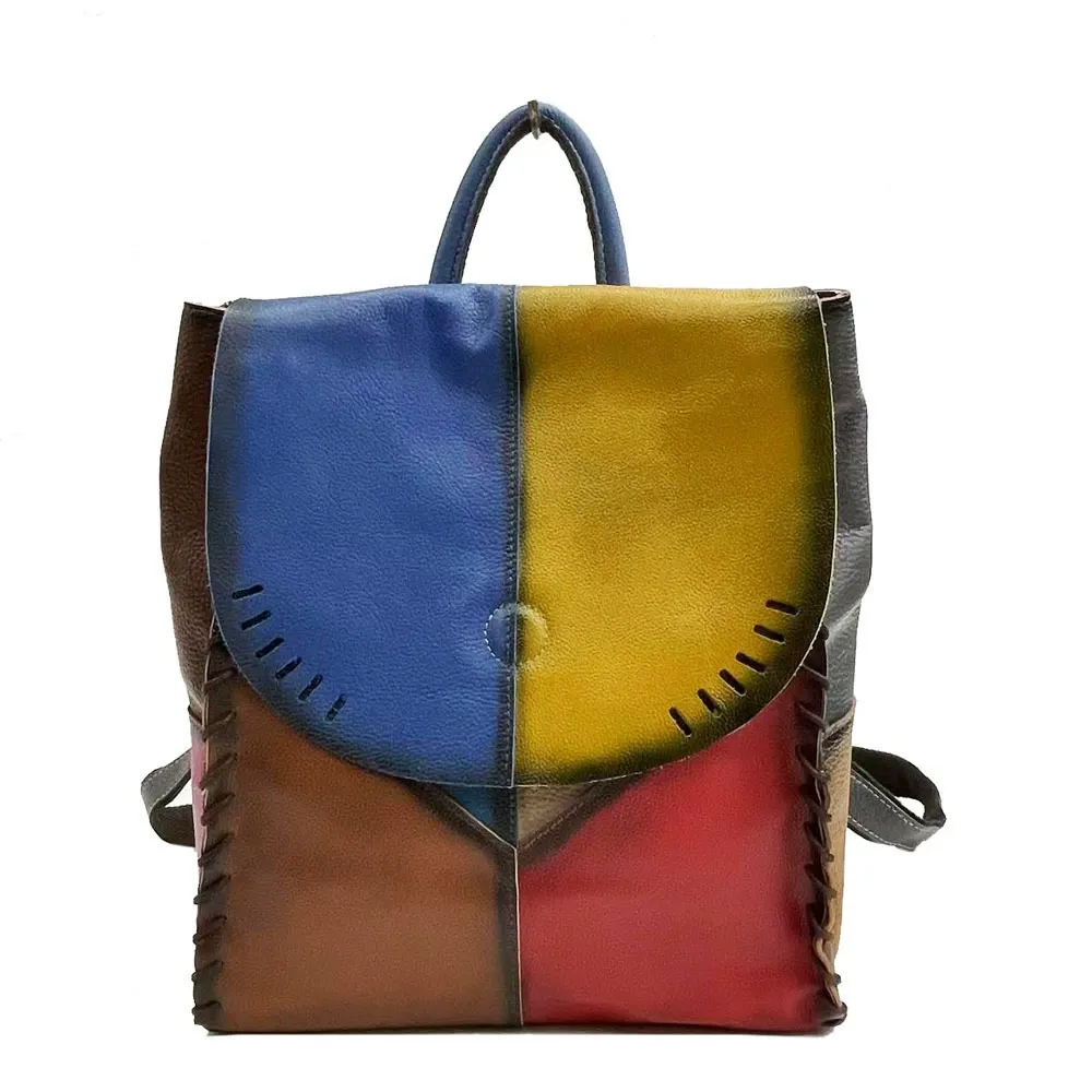 Color Block Patchwork Leather Backpack