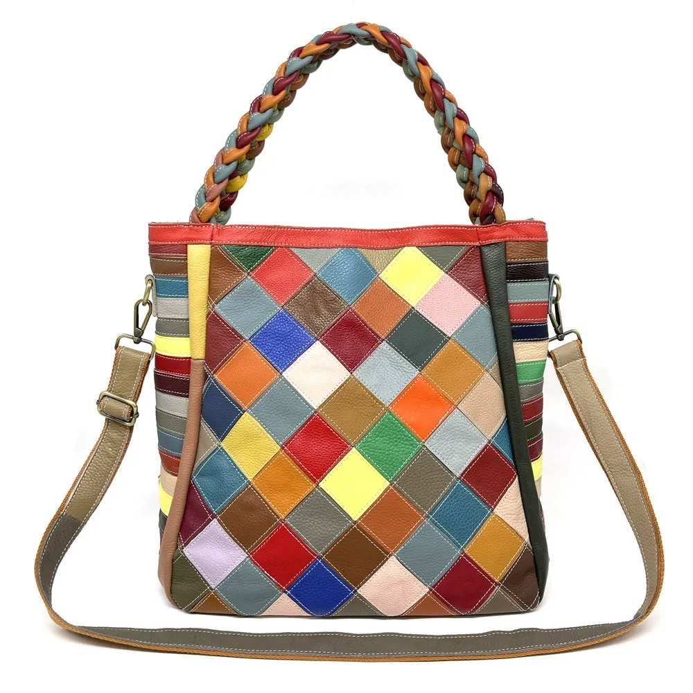 Patchwork Tote Bag with Braided Handle