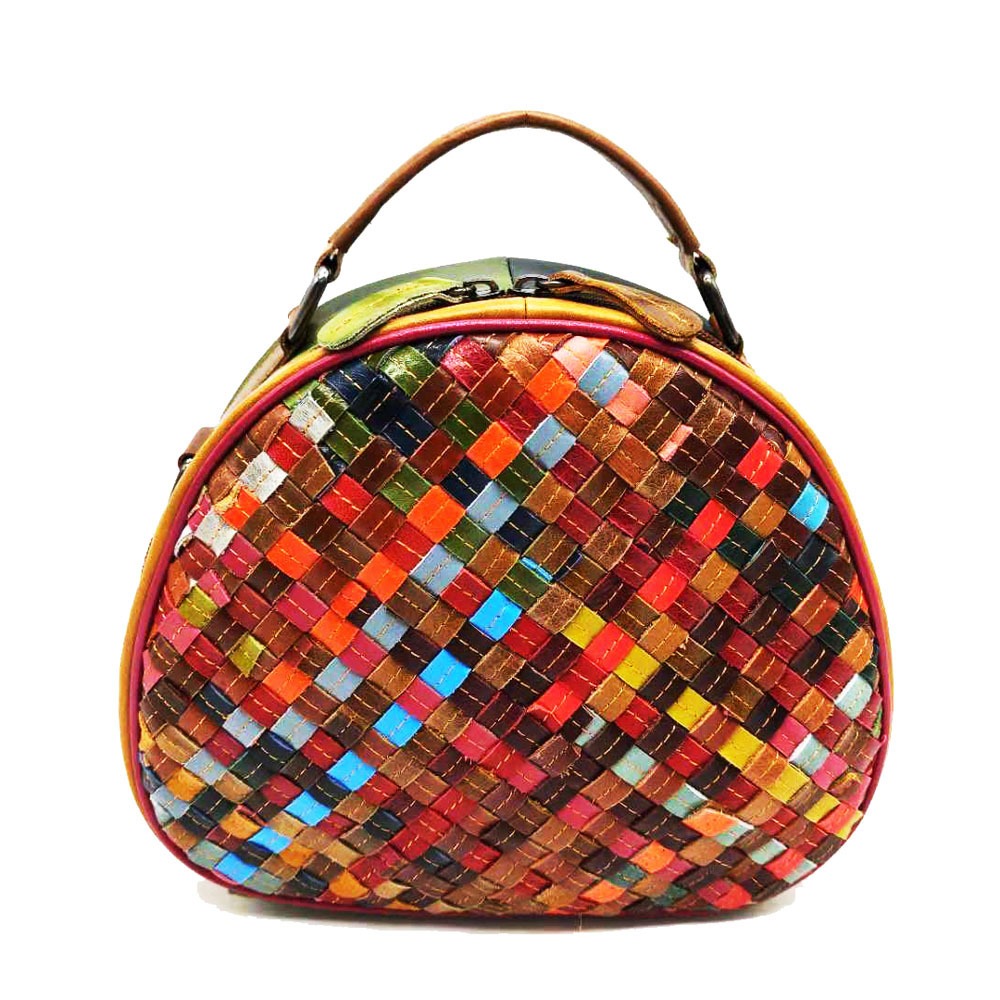 Round Woven Leather Crossbody Handbag