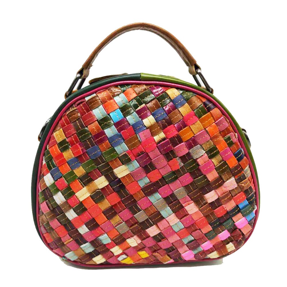 Round Woven Leather Crossbody Handbag
