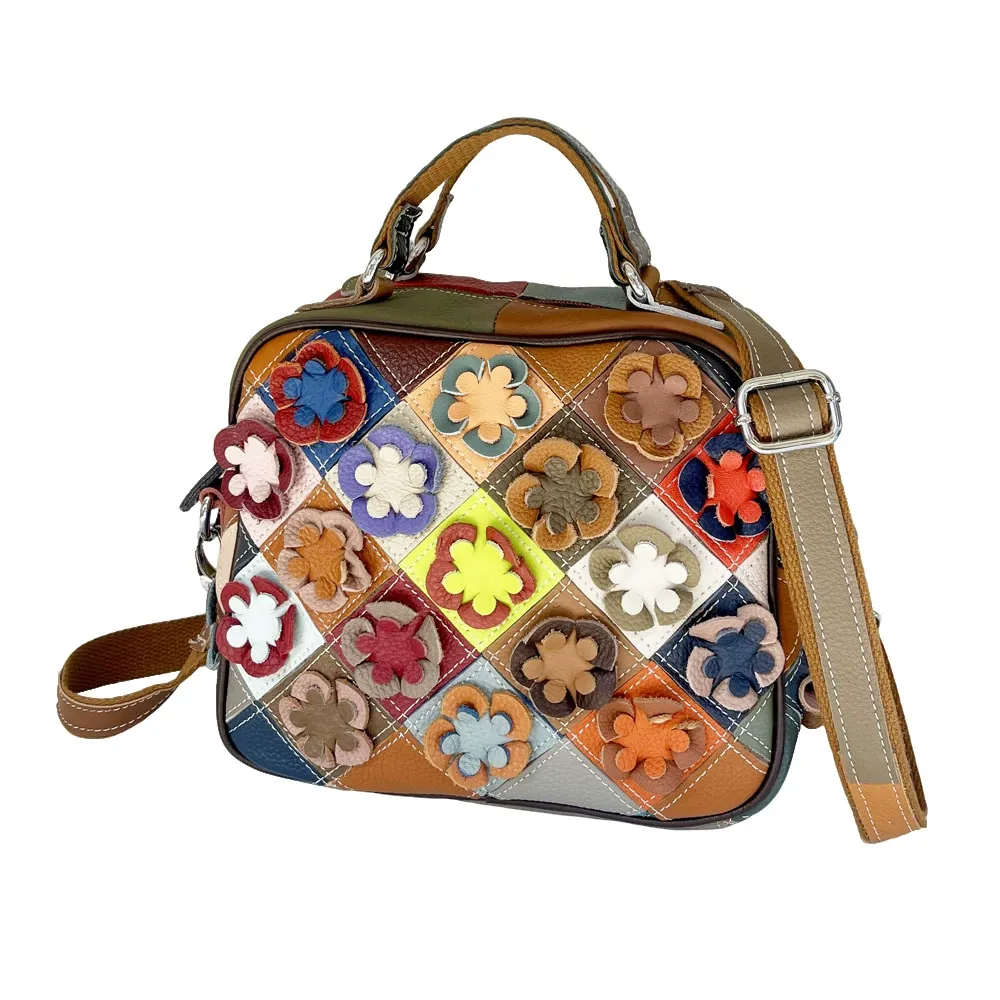 Leather Patchwork Floral Crossbody Handbag