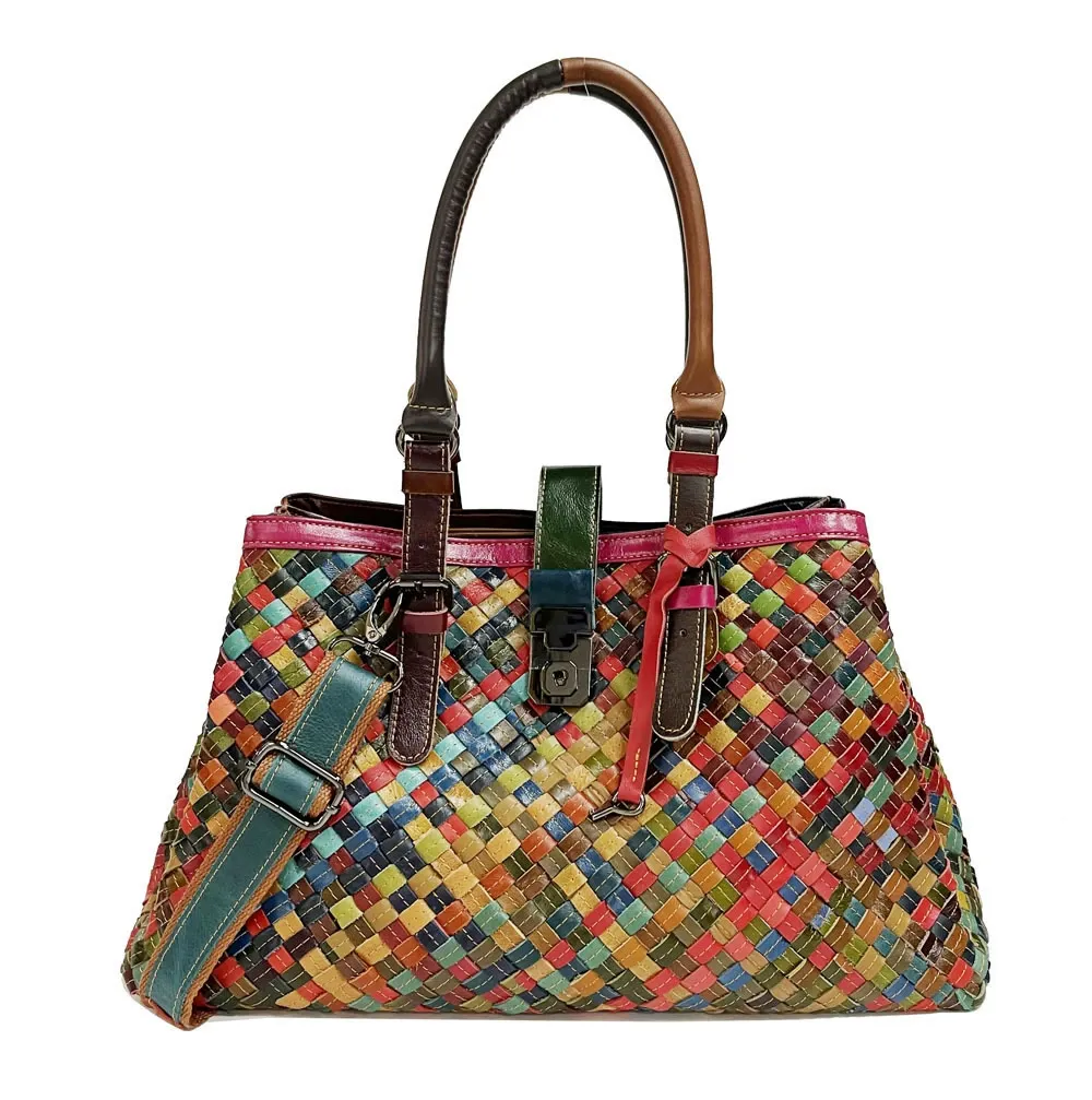 Woven Leather Top Handle Shoulder Bag