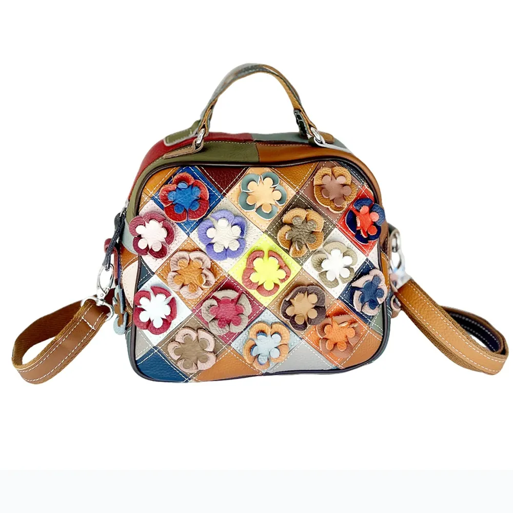 Leather Patchwork Floral Crossbody Handbag