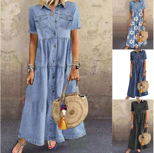 European and American denim style long multi button distressed dress