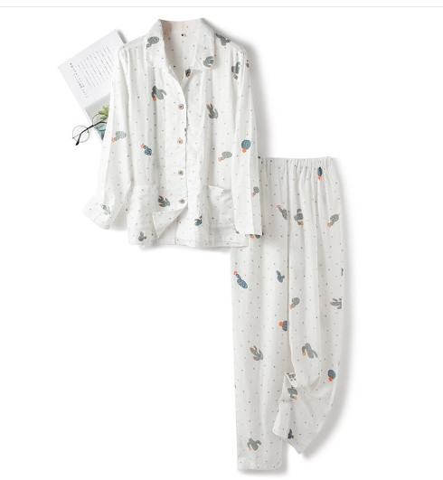 Cotton double-layer gauze cactus women's long sleeved pants pajamas