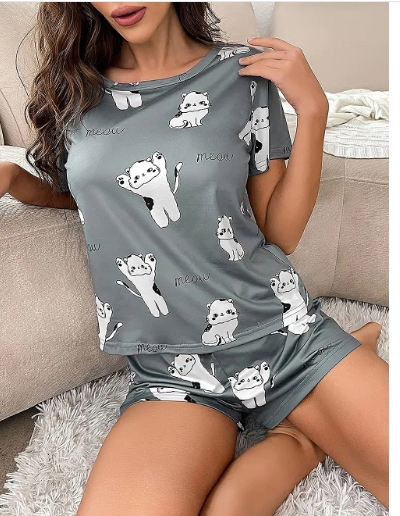 Printed short sleeved shorts set for loose casual home wear