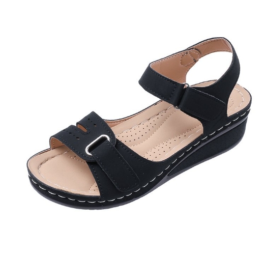 Round toe ankle sandals with women's bike line, anti slip slope heel, hollowed out oversized metal sandals