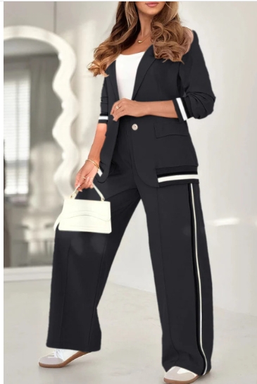 Fashion new solid color temperament commuting ribbed 2-piece set