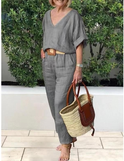 Women's fashionable casual summer multi-color V-neck loose cotton and linen set