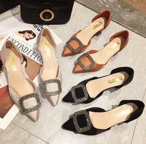 New square buckle, mid heel, professional pointed, slim single order shoes, kitten heel sandals