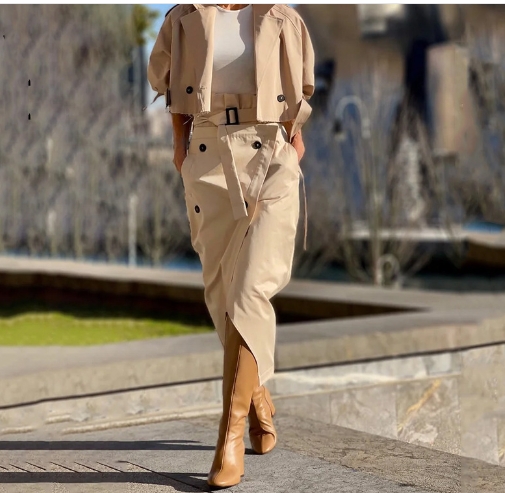 Versatile casual workwear temperament button belt set skirt