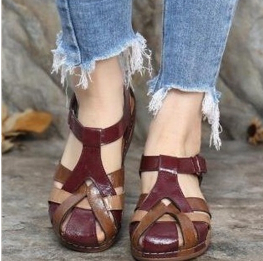 Mid heeled retro round toe wedge women's Roman shoes cross buckle women's sandals