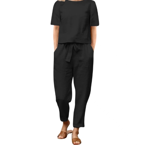 Cotton and linen summer matching set, half sleeved wide leg pants retro set