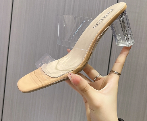 Crystal and transparent straight strap sandals with square toe, thick heel, wearing slippers for women