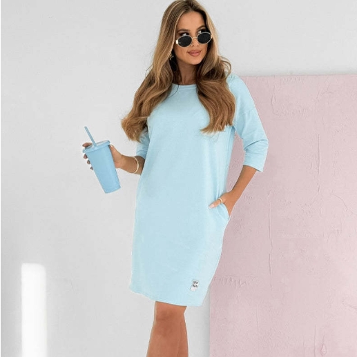 Round neck mid length knitted dress solid color versatile seven quarter sleeve dress
