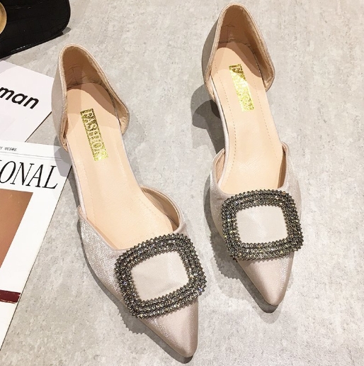 New square buckle, mid heel, professional pointed, slim single order shoes, kitten heel sandals